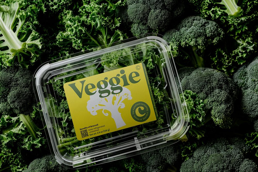 Vegetable plastic box with yellow label