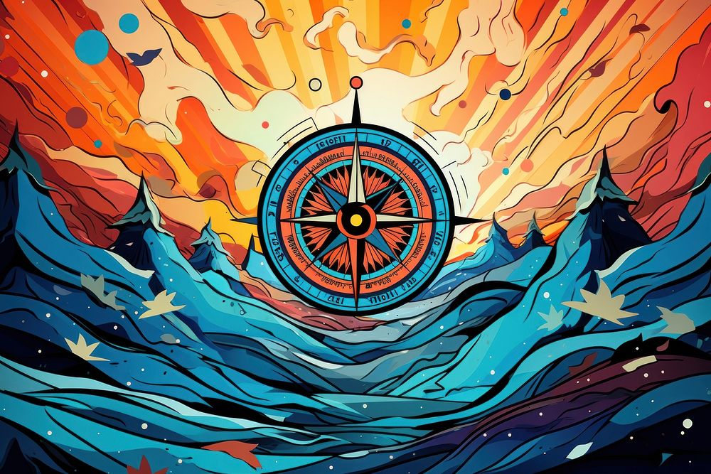 Compass in the style of graphic novel art modern art.