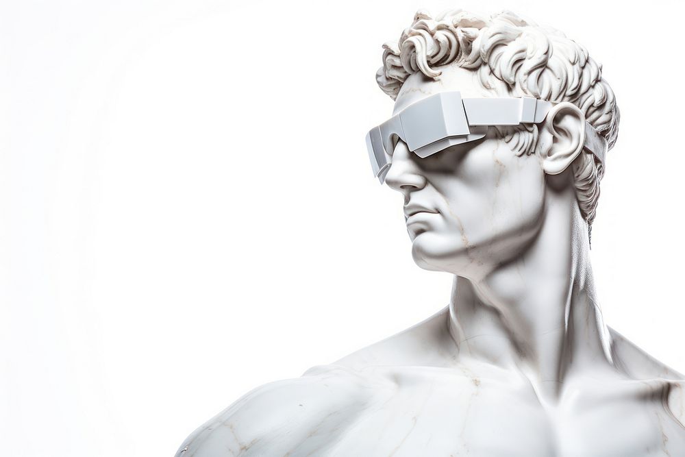 Greek sculpture Wear futuristic Hi-tech glasses portrait photography person.