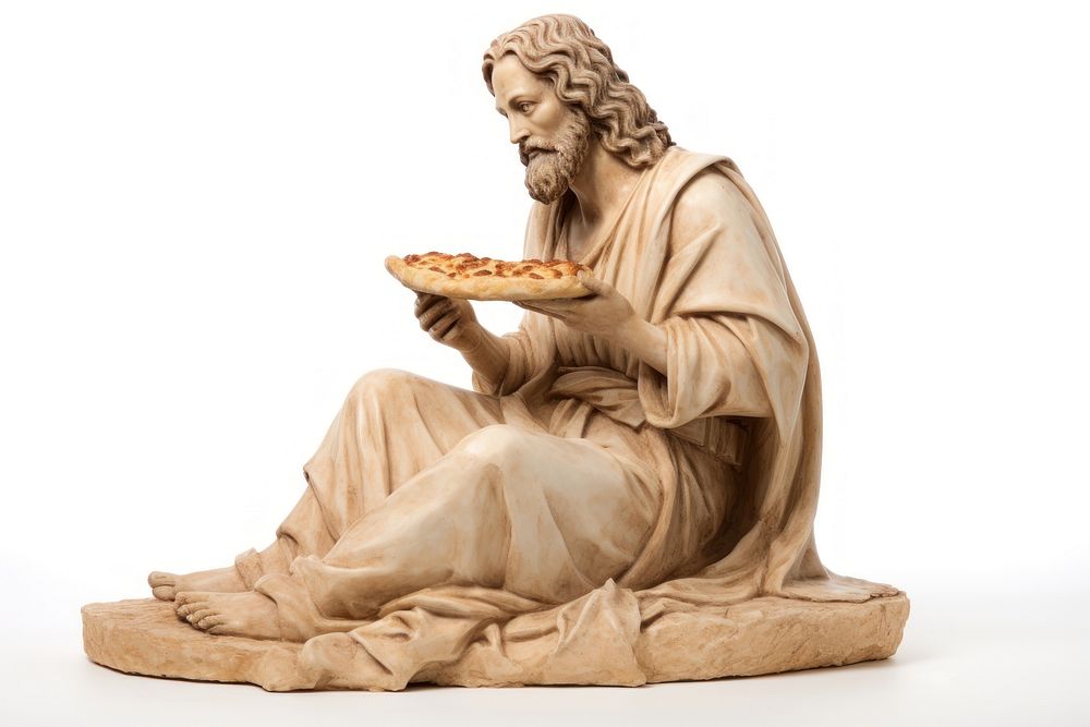 Greek sculpture jesus eating pizza person adult human.