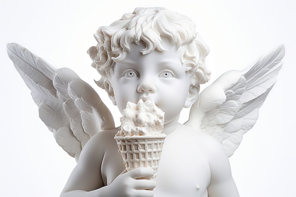 Greek sculpture cherub holding ice cream archangel dessert person.
