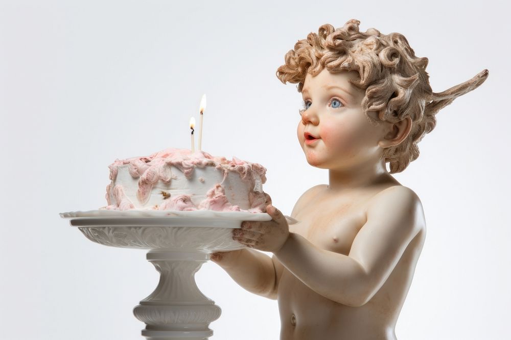 Greek sculpture cupid holding birthday cake dessert people person.