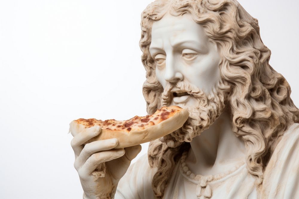 Greek sculpture jesus eating pizza female person biting.
