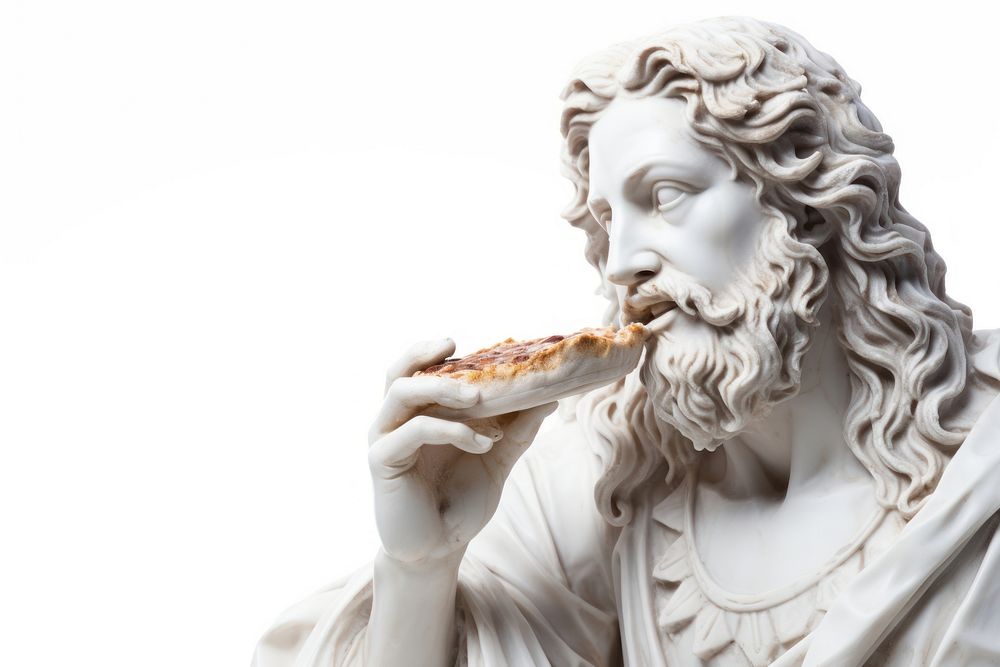 Greek sculpture jesus eating pizza person female human.