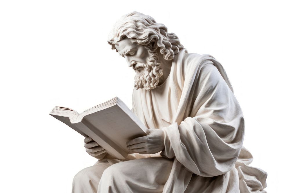 Greek sculpture jesus reading a book publication clothing apparel.