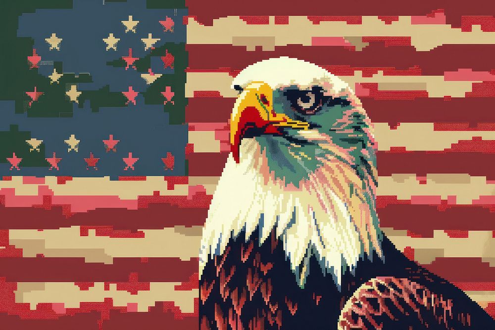 American flag with eagle pixel animal person human.