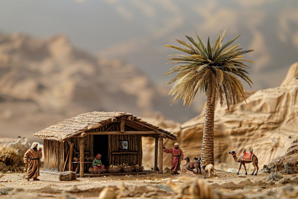 Nativity scene set in a rugged desert landscape shelter architecture countryside.