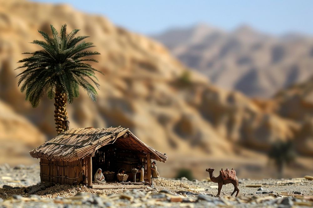 Nativity scene set in a rugged desert landscape shelter housing architecture.