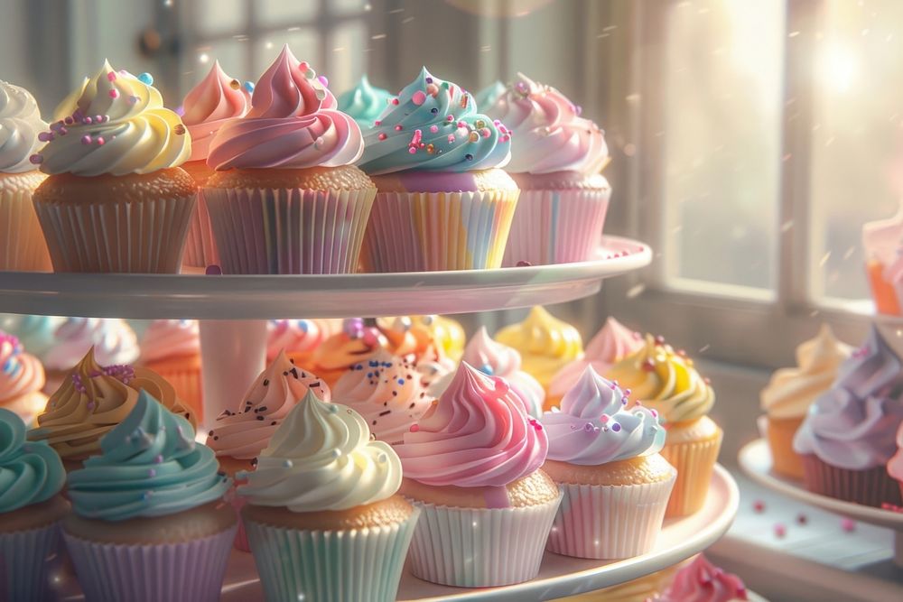 Variety of cupcakes in pastel colors dessert wedding people.