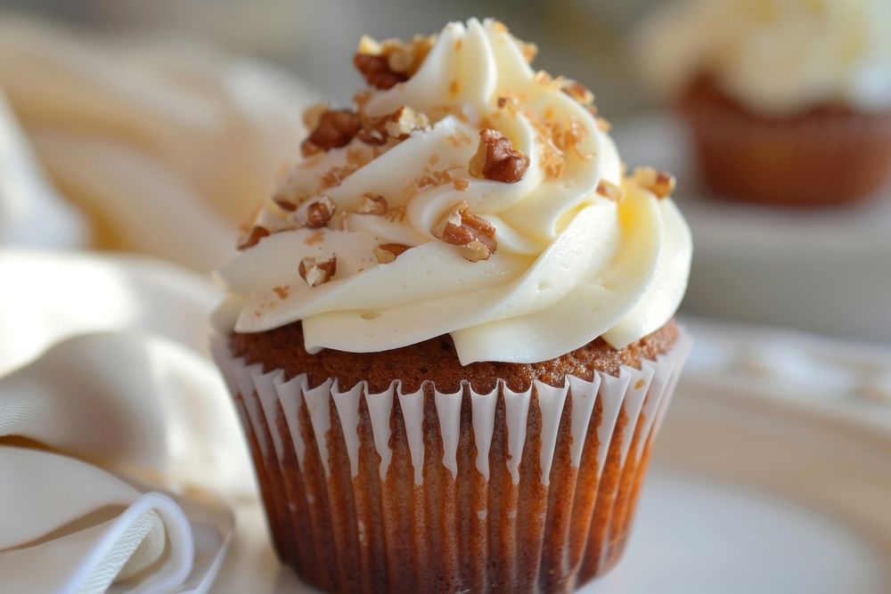 Carrot cake cupcake with a cream cheese frosting dessert creme icing.