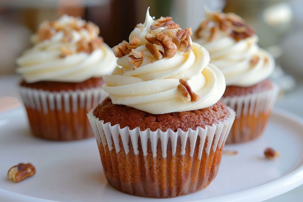 Carrot cake cupcake with a cream cheese frosting dessert produce muffin.