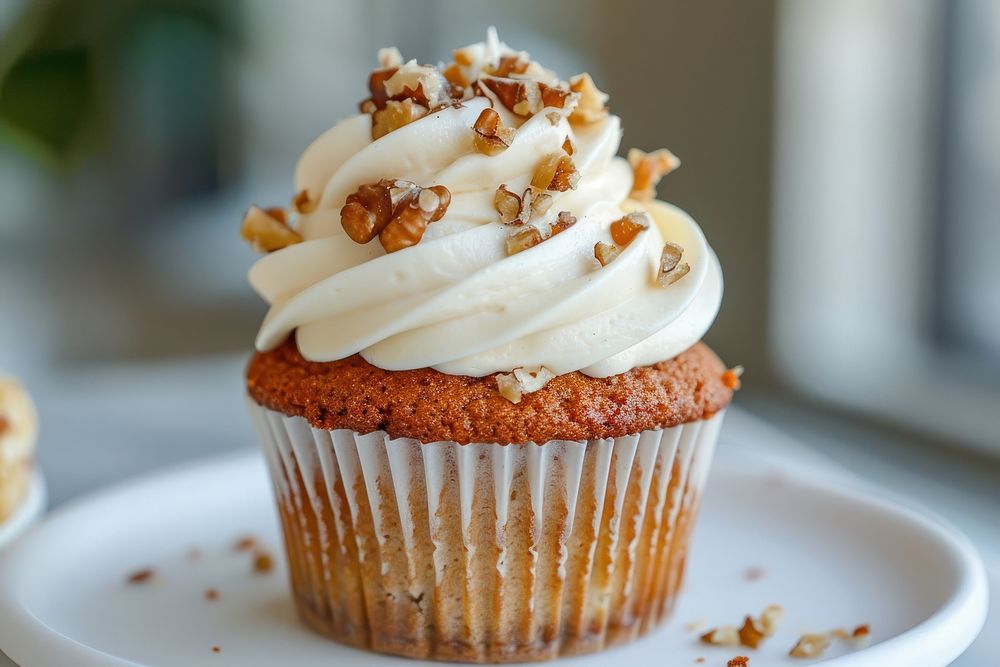 Carrot cake cupcake with a cream cheese frosting dessert creme plate.