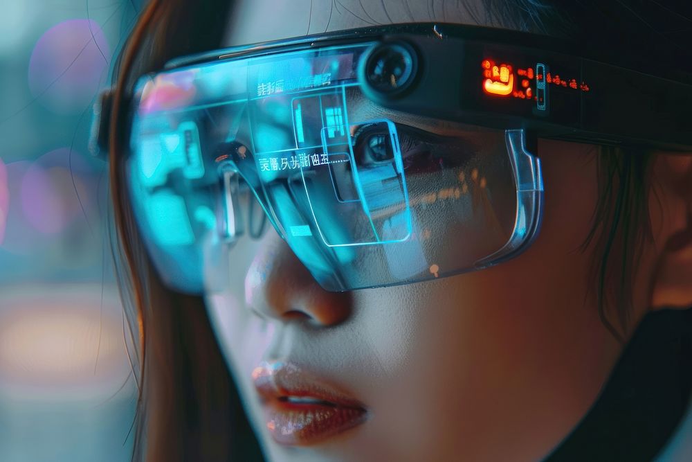 Augmented reality language translation glasses person photo.
