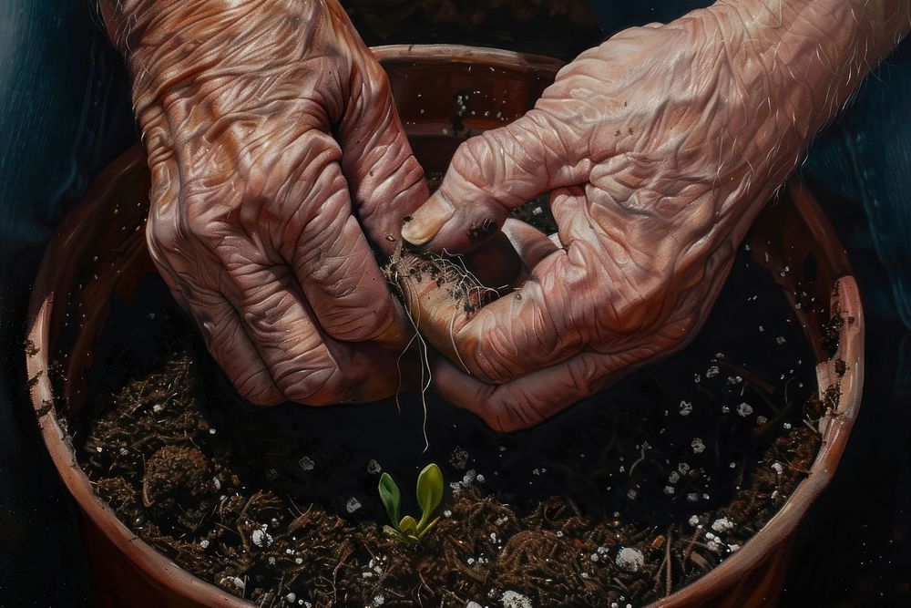 Pair of calloused hands carefully planting a seed in a pot filled with fresh soil gardening outdoors cookware.