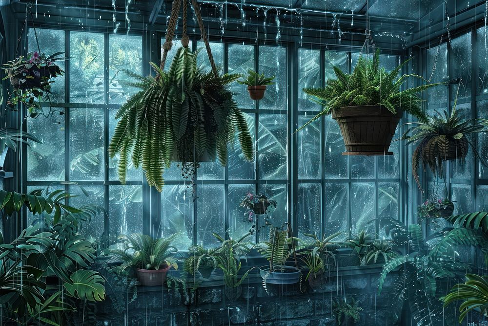Greenhouse with hanging baskets overflowing with ferns and orchids vegetation rainforest gardening.
