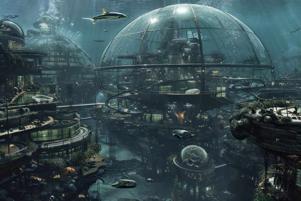 Bustling underwater city transportation aircraft outdoors.