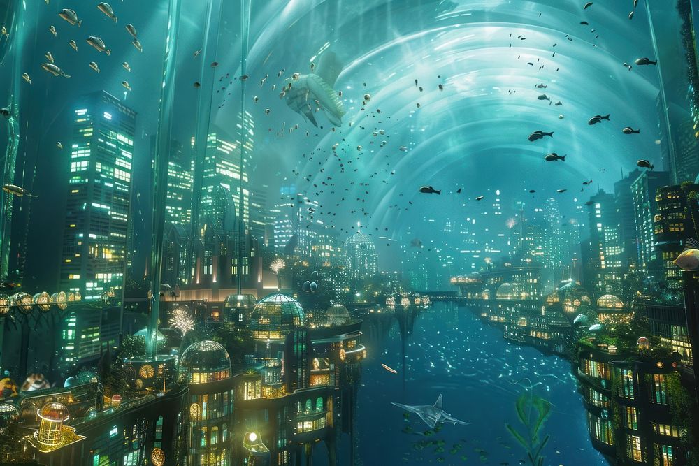 Bustling underwater city architecture waterfront cityscape.