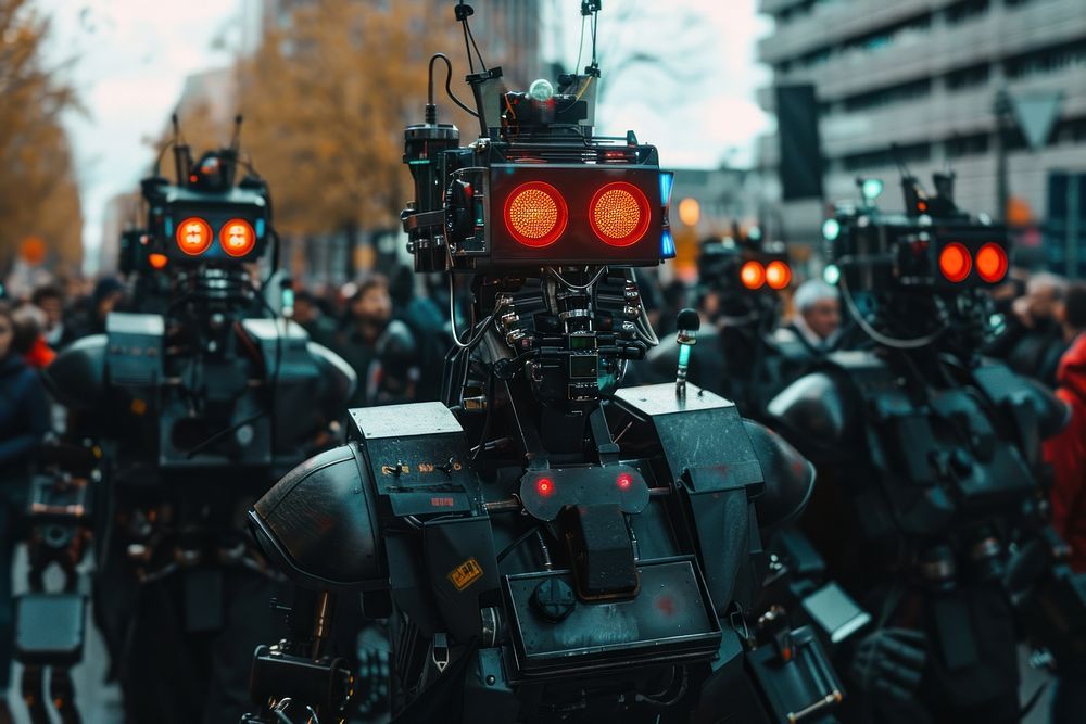 Protest march against the use of sentient AI weapons systems man microphone person.
