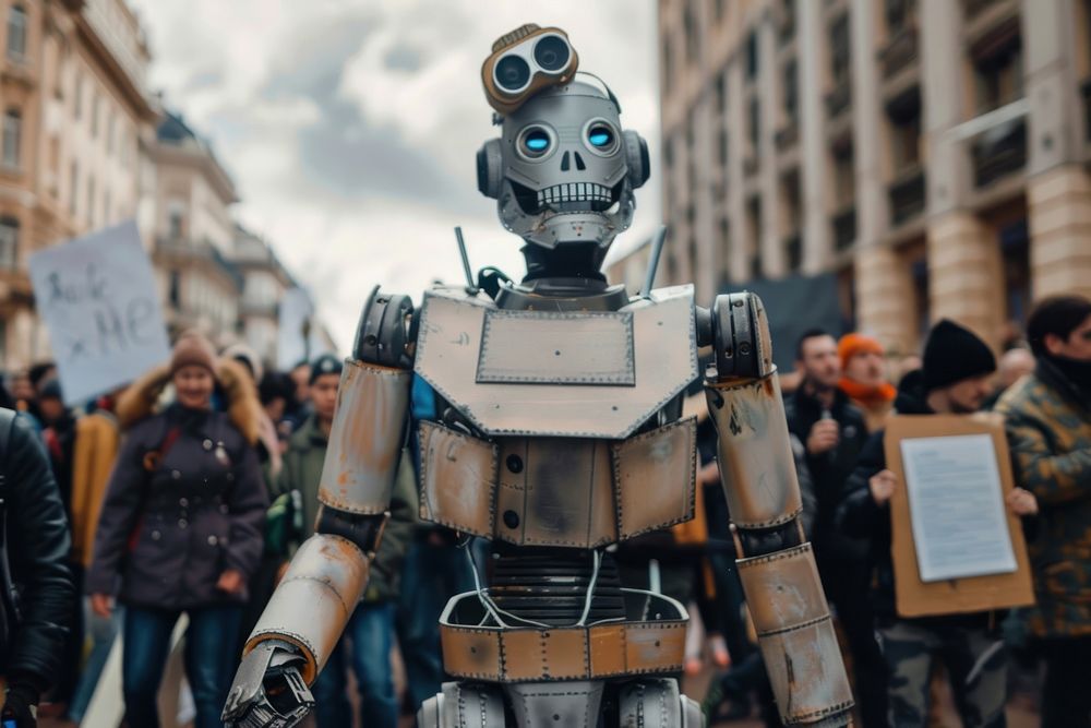 Protest march against the use of sentient AI weapons systems clothing apparel female.
