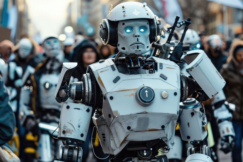 Protest march against the use of sentient AI weapons systems man clothing apparel.