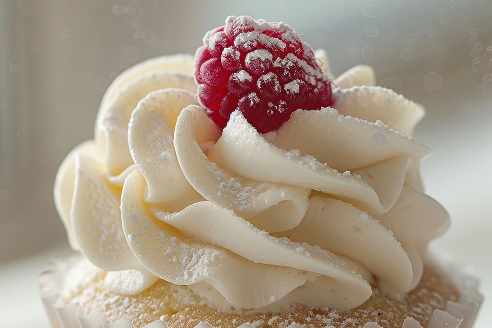 Vanilla cupcake with fluffy buttercream frosting raspberry dessert produce.