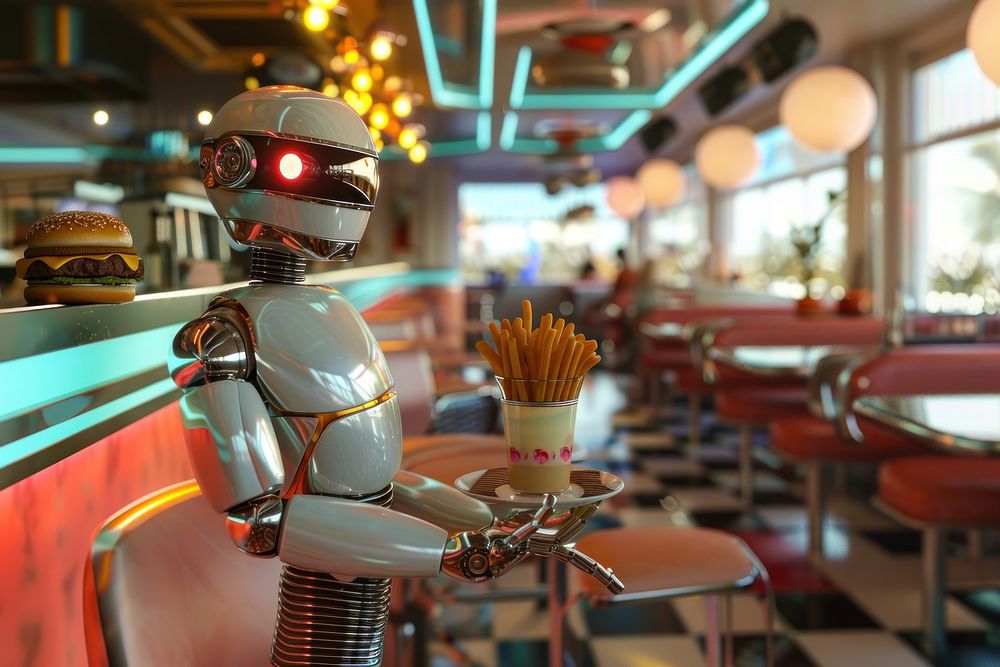 Retro-futuristic robot waiter burger diner restaurant.