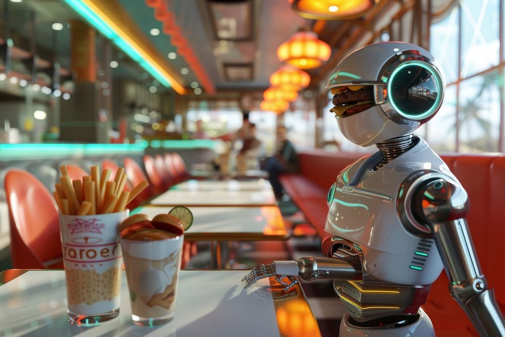 Retro-futuristic robot waiter transportation restaurant furniture.