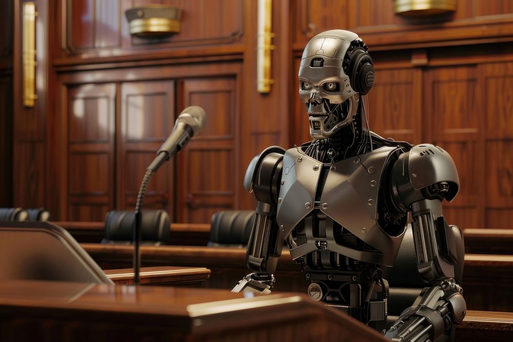 AI defense lawyer courtroom human microphone.