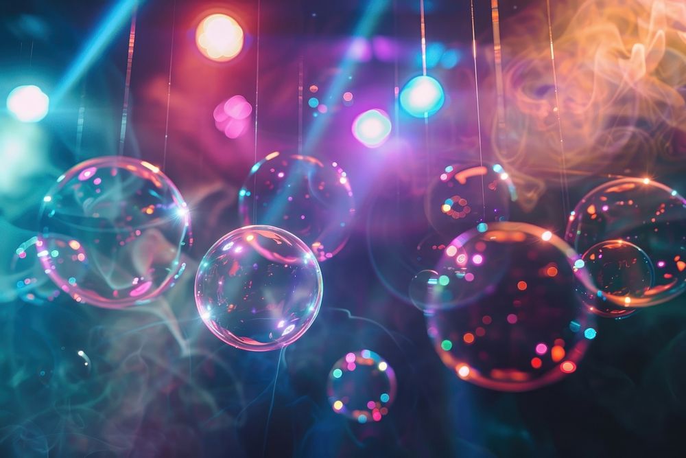 Soap bubbles floating through a smoky nightclub lighting person human.