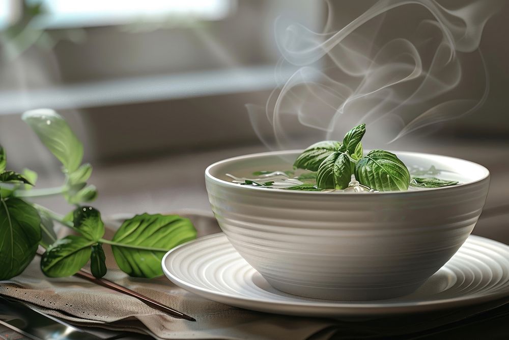 Pho Vietnamese noodle soup with fresh herbs plate bowl plant.