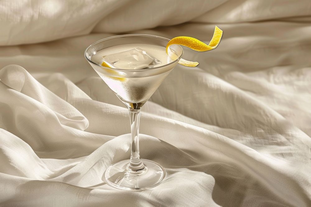 Martini in a coupe glass with a lemon twist garnish beverage cocktail alcohol.