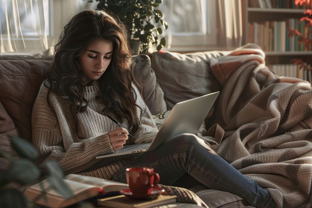 Woman sitting on a couch in a cozy living room laptop cup electronics.