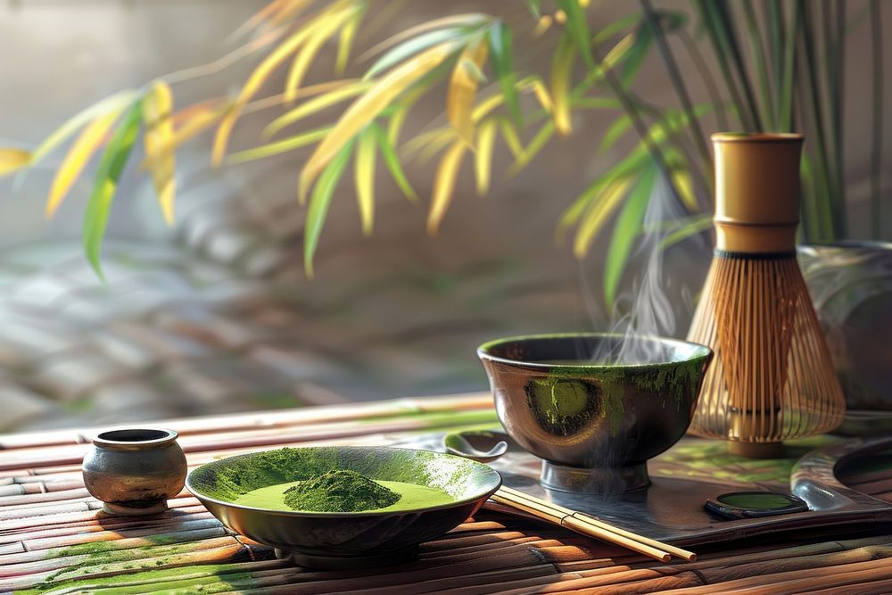 Japanese tea ceremony bowl chopsticks green tea.