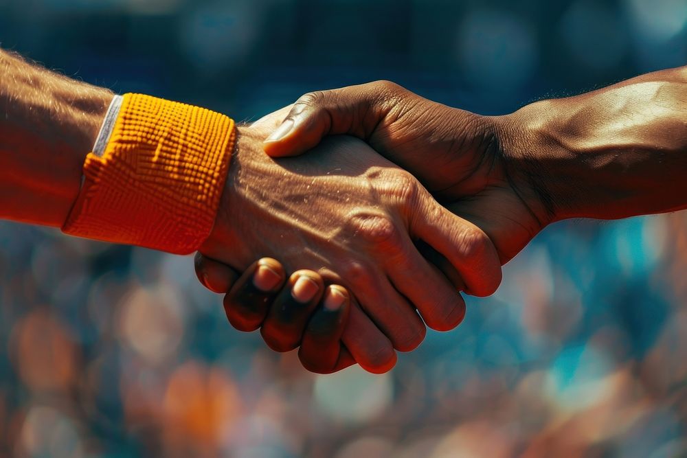 Two athletes shaking hands man person human.