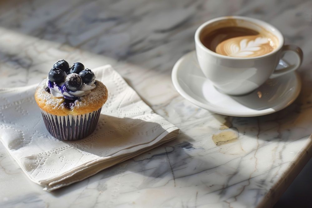 Blueberry cupcake on a white linen napkin beverage produce dessert.