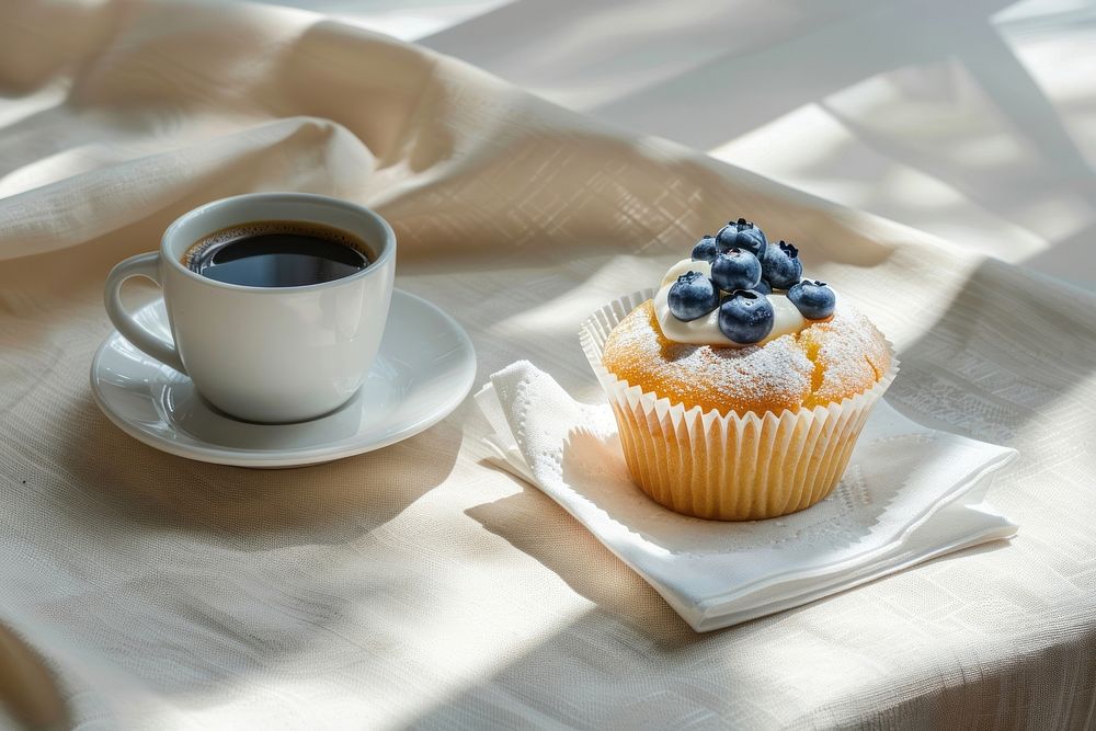 Blueberry cupcake on a white linen napkin beverage dessert produce.