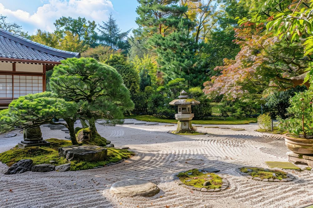 Japanese Zen garden tree architecture outdoors.