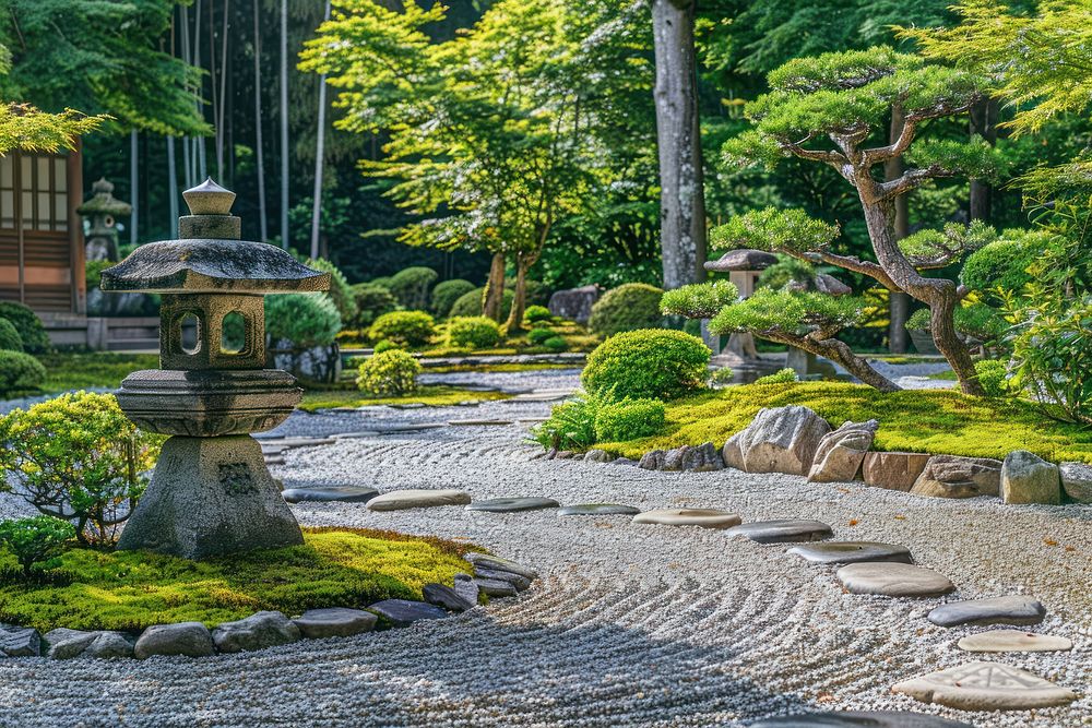 Japanese Zen garden gravel tree architecture.