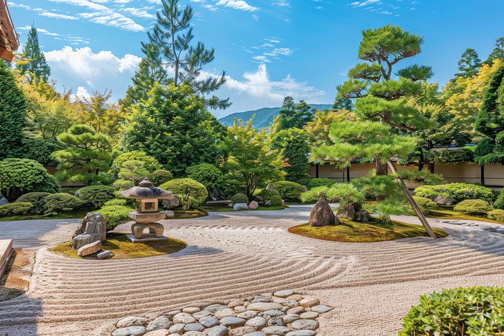 Japanese Zen garden tree architecture vegetation.