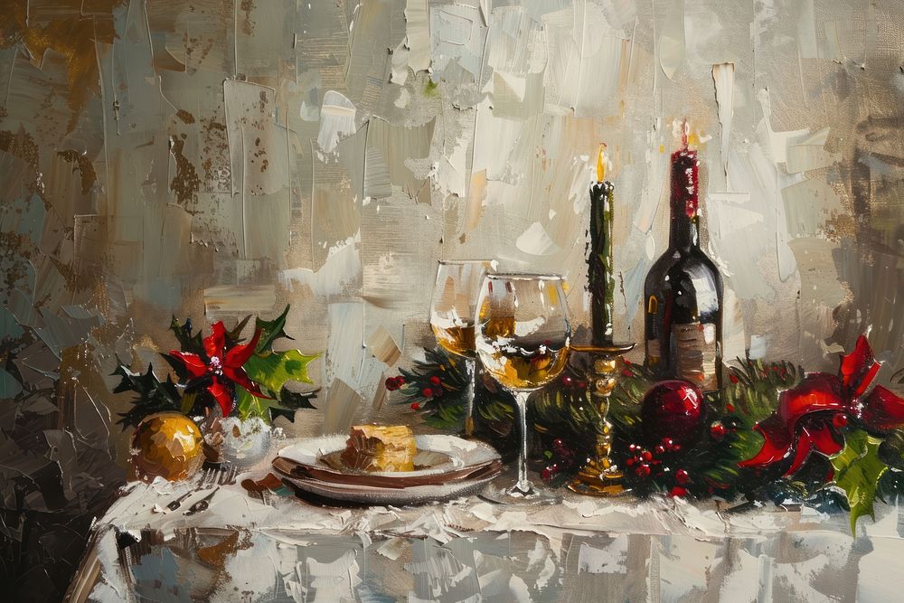 Close up on pale empty decorated christmas dinner table painting countryside outdoors.