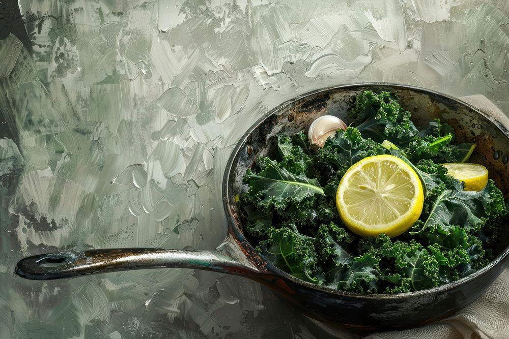 Close up on pale skillet kale with lemon and garlic vegetable cookware produce.