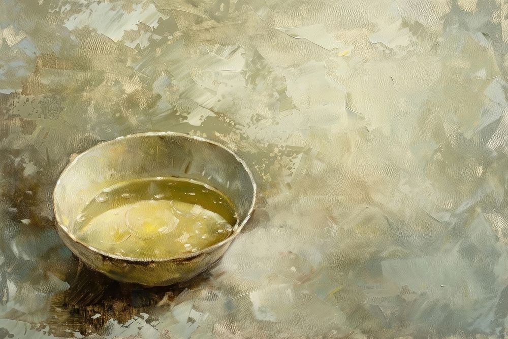 Close up on pale bowl of onion soup painting beverage drink.