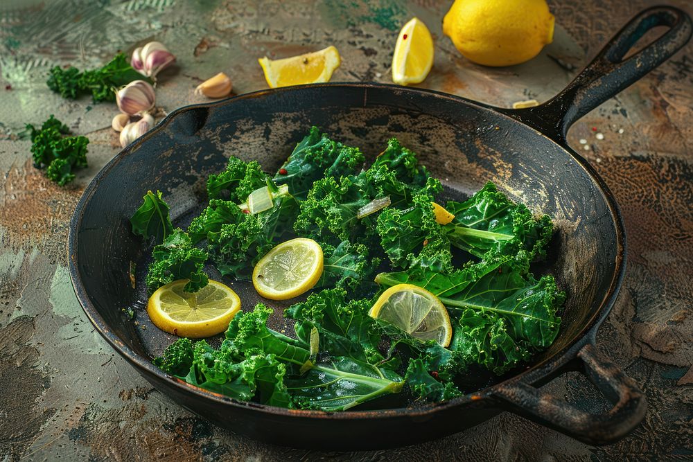 Close up on pale skillet kale with lemon and garlic cookware produce fruit.