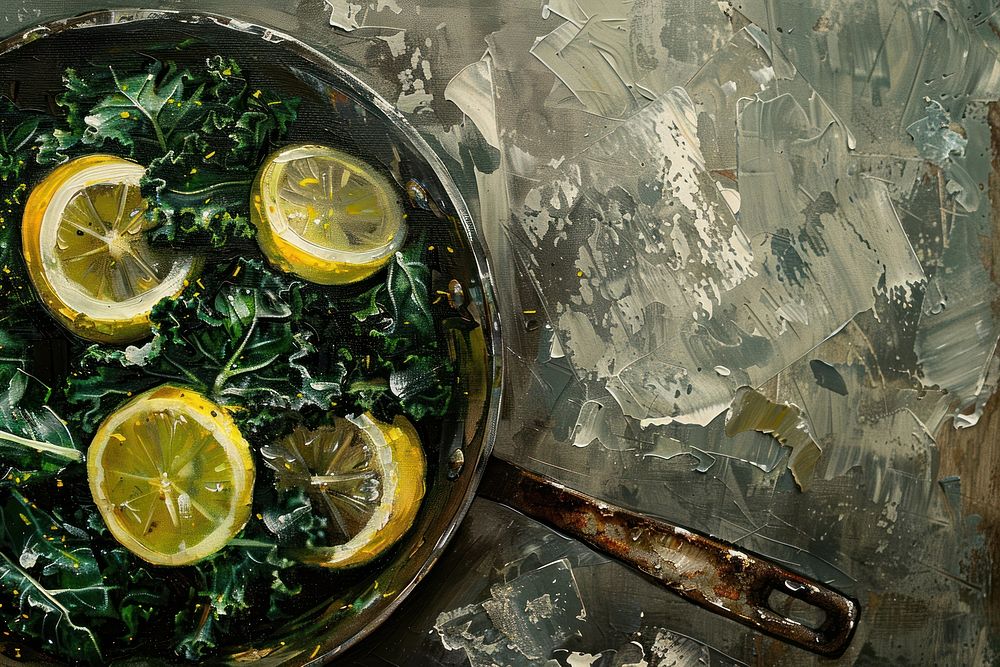 Close up on pale skillet kale with lemon and garlic vegetable cookware machine.