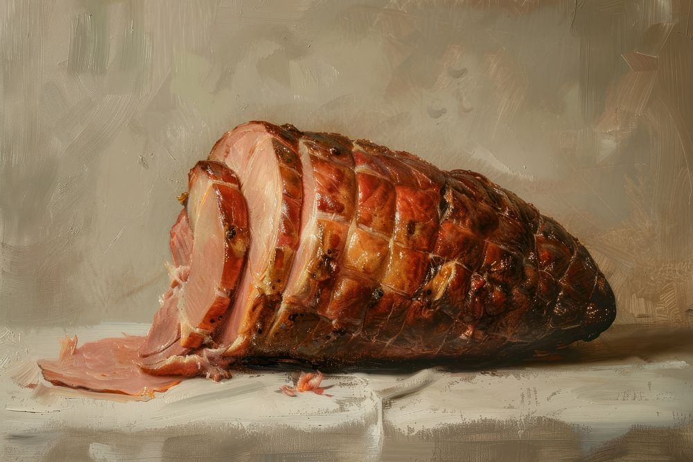 Close up on pale roasted ham food meat pork.