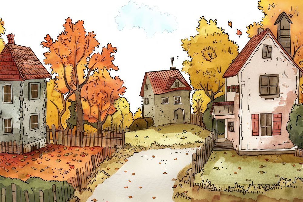 Autumn village sketch city art.