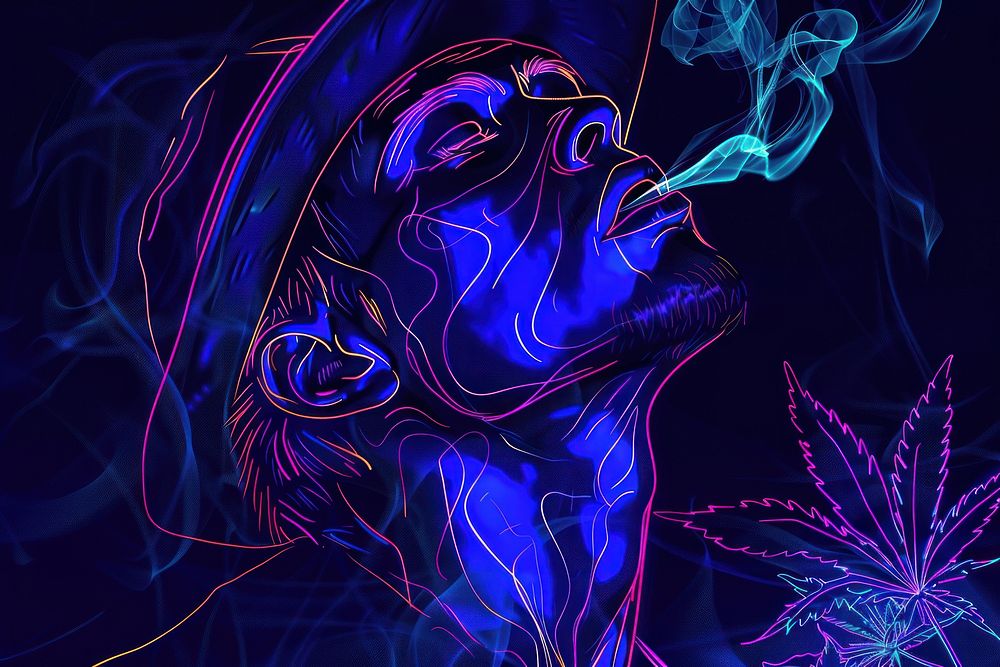 Illustration cannabis Neon rim light pattern person smoke.