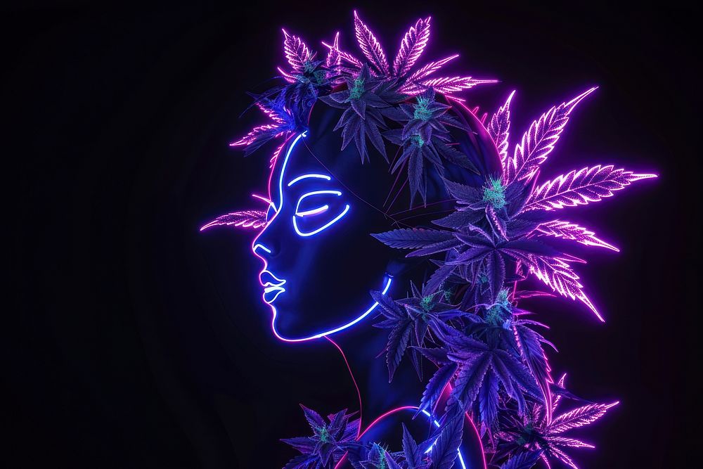 Illustration cannabis Neon rim light purple neon christmas.
