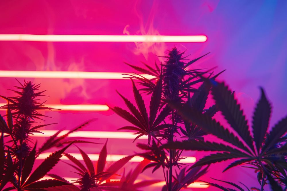 Photography of cannabis radiant silhouette light purple plant.