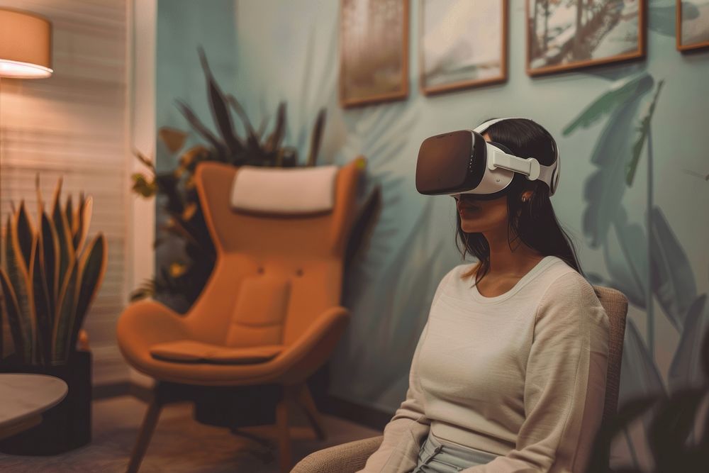 Virtual reality exposure therapy furniture sitting person.